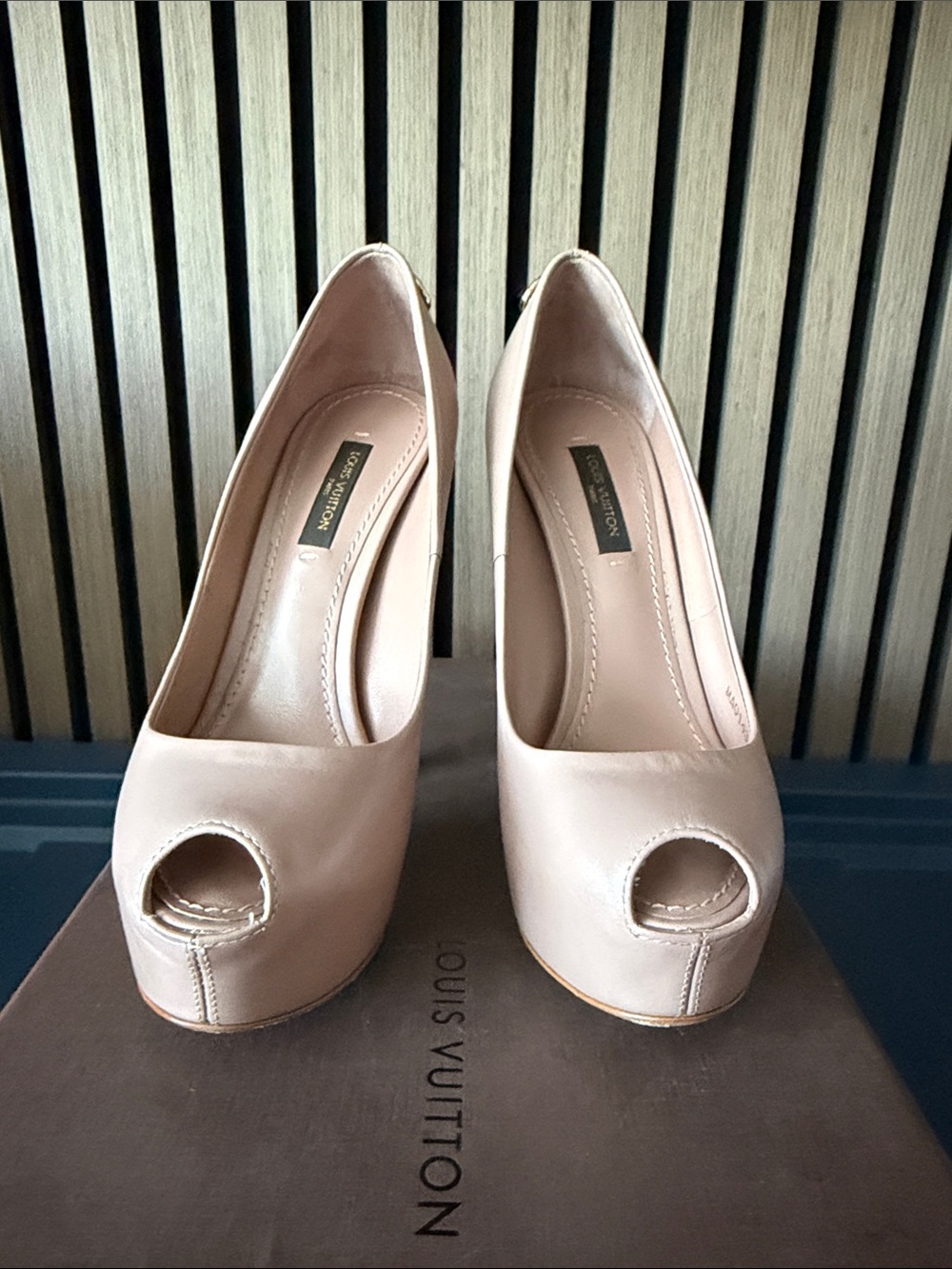 Louis Vuitton Nude Peep-Toe Leather Platform Pumps